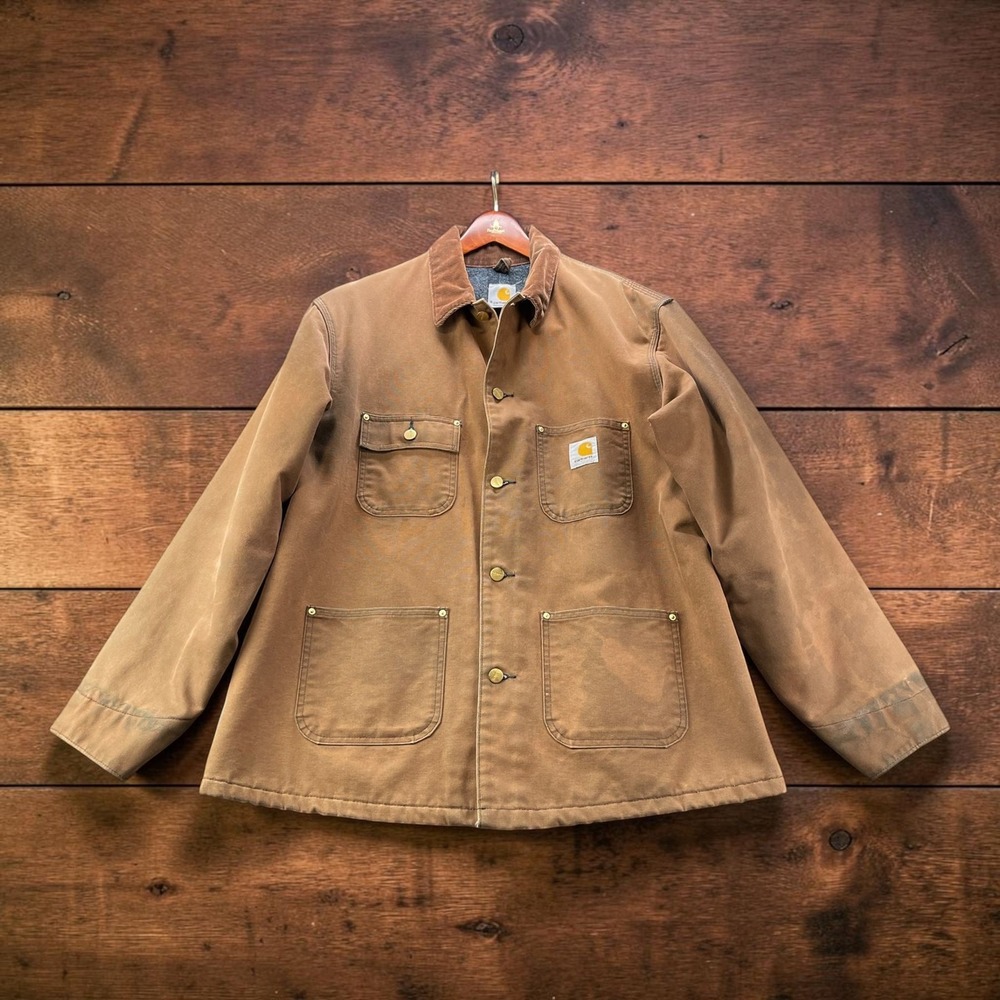 Carhartt Mens L Blanket Lined Duck Chore Coat Brown Corduroy Collar Work Jacket
